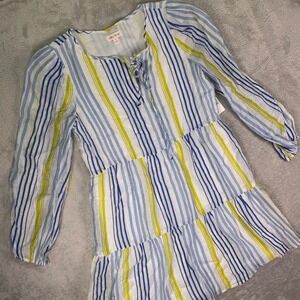 Riley & Rae Womens Striped Tiered Long Sleeve Mini Dress Sz S Blue Yellow NWT